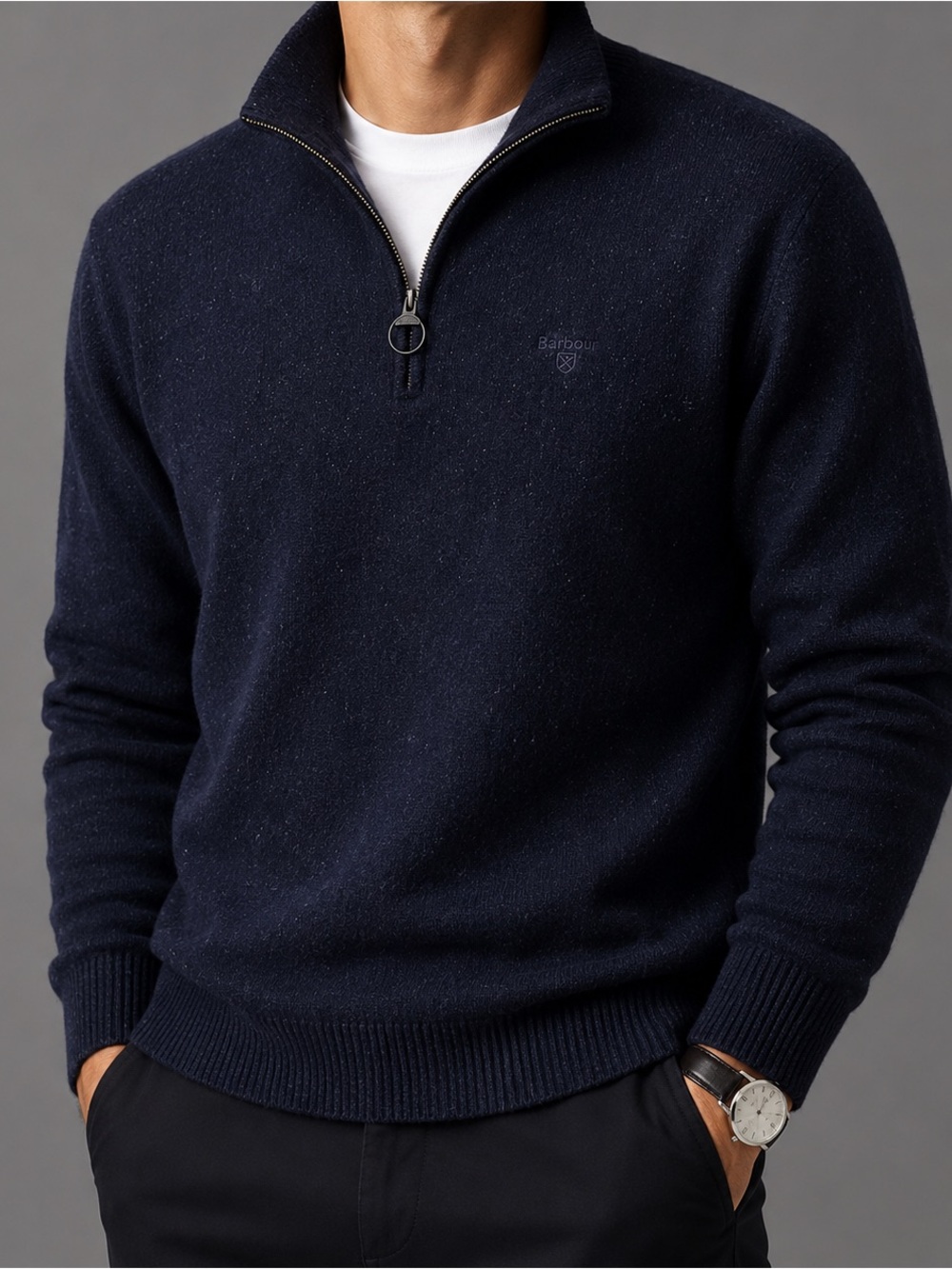 Barbour Tisbury 1/4 Zip Wool Silk Blend Sweater Mens Blue Ribbed Preppy Fits M